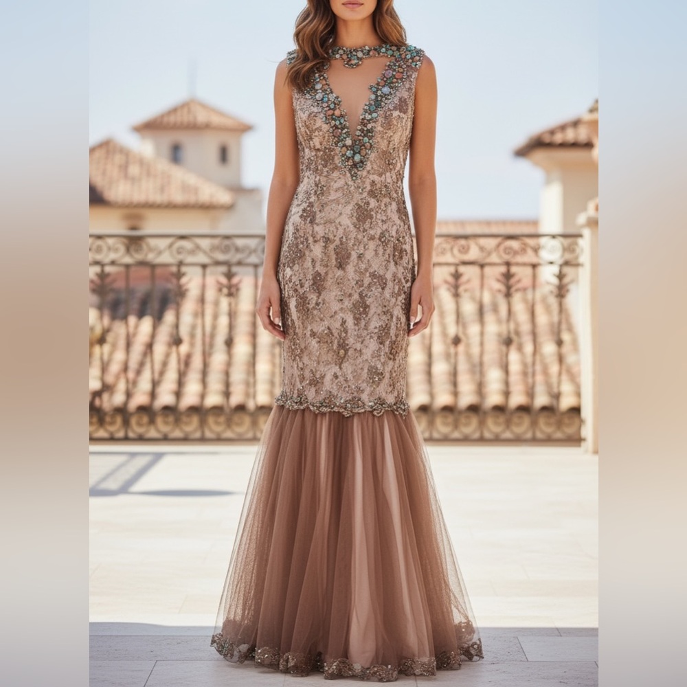 NEW Julian Joyce By Mandalay Dress Womens Size 8 Brown Nude Mermaid Beaded Fomal